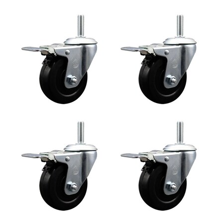 Service Caster 4 Inch Hard Rubber Swivel 34 Inch Threaded Stem Caster Set with Total Lock Brake SCC-TSTTL20S414-HRS-34212-4